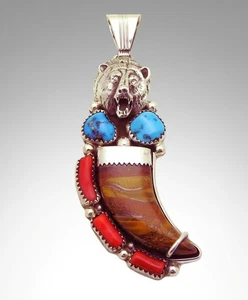 Vintage Running Bear Navajo Sterling Silver Turquoise Tiger Eye Claw Pendant - Picture 1 of 7