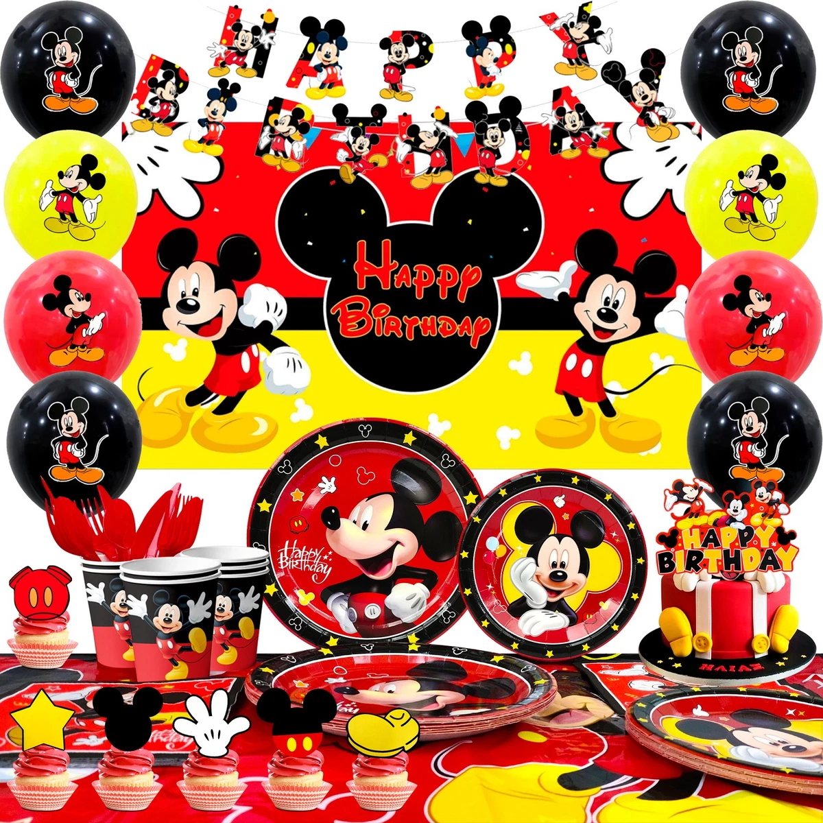 Mickey Mouse Tema Fiesta De Cumpleaños Decoración Suministros Rojo Negro Mantel Vajilla Pastel Topper Placa De Papel Bandera Para Niños I.827170860