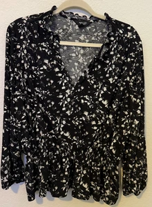 Simply Vera Vera Wang Womens Peplum Black Floral Long Sleeve Shirt Top Size XL - Picture 1 of 5