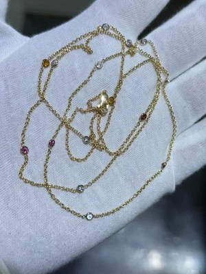 Collar largo halo bisel de piedras preciosas múltiples de 33" hecho a mano de oro amarillo de 14k Foto 1 de 4