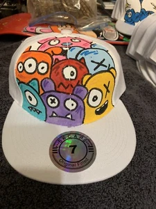 White Fitted 7 Hand Painted  Graffiti Art Hat Hip Hop Shortiez Ink Ugly Dolls - Picture 1 of 1
