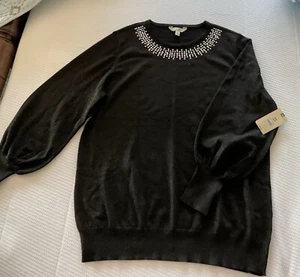 Dressy Beautiful Black Top With Sparkle  Rhinestone Embellished Neckline New - Picture 1 of 5