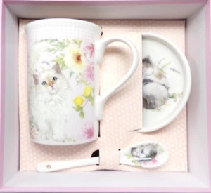 Delton Products 4,9" Pfingstrose Katze Porzellan Becher Untersetzer Löffel Set in Geschenkbox - Bild 1 von 4