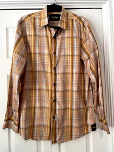Banana Lemon men's LS shirt L Large orange blue peach yellow plaid 100% cotton - Picture 1 of 13