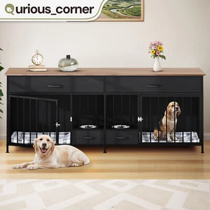 75" Wood Dog Kennel Pet Crate Large Iron Cage Hutch Brown Heavy Duty Side Table - Picture 1 of 11