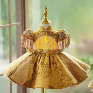Luxury Gold Flower Girl Dress Children Princess Toddler Birthday Party Gowns - Picture 1 of 7