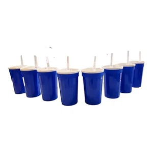 8 Medium Blue Fluted Tumblers White Lids Straws Made in America, holds 22 ounces - Picture 1 of 6
