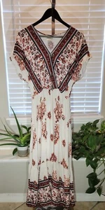 Knox Rose Orange Dress Size Small Boho Cream Paisley Short Sleeve Flowy Maxi - Picture 1 of 3