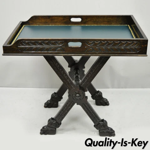 Antique Italian Renaissance Carved Walnut Tray Table Bar Folding Lion Paw Feet Cover