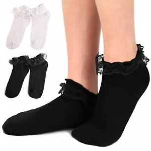 Women's Cute Princess Lace Ruffle Frilly Ankle Socks Casual Novelty White Black - Picture 1 of 3
