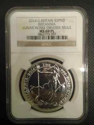 Britannia Mule Error w/ Lunar Horse Obverse 2014 1 oz Silver Coin - NGC MS69 PL - Image 1 of 4