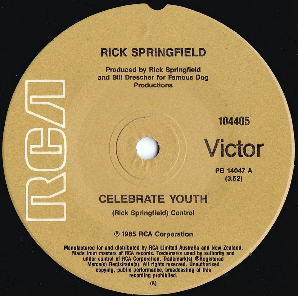 Rick Springfield ORIG OZ 45 Celebrate youth EX ’85 RCA 10445 Power Pop Rock  - Image 1 of 1