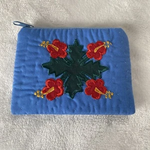 Vintage Hawaii Geldbörse Blumen verziert blau Reißverschluss - Bild 1 von 5