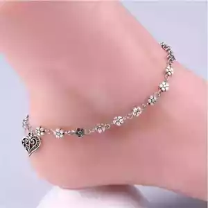 Love Heart Shape Pendant Beaded Alloy Anklet Women Boho Style Flower Bracelet - Picture 1 of 7