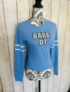 Rue21 Women’s Blue White Babe 01 Crew Neck Long Sleeve Cotton Knit Top L NWT - Picture 1 of 8