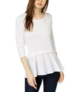 Kensie Damen 3/4 Ärmel Lagenlook Websaum Schößchen Top weiß Größe Small - Bild 1 von 1