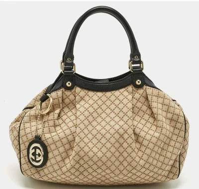 Bolso de Mano Gucci Negro/Beige Diamante Lona y Cuero Mediano Sukey Foto 1 de 4
