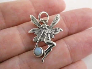 Sterling Silber blauer Opal Cabochon Fee Anhänger Charm 3,3 g 1 Zoll - Bild 1 von 12