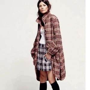 Free People Victorian Red Brown Plaid Jacket XS - Picture 1 of 9
