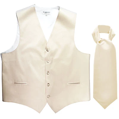 New Men's Formal Tuxedo Vest Waistcoat solid & Ascot cravat Ivory Prom wedding - Image 1 of 4