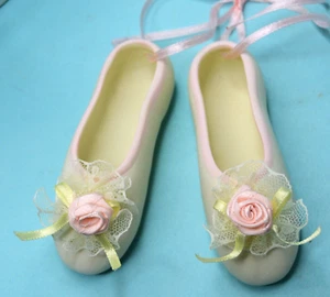 2 Matte Porcelain Ballet Shoe Ornaments Figurine Fabric Rose  NAME DATE ON BASE - Picture 1 of 2