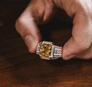 Anello Turco Pietra Citrino Argento Uomo Anello Promessa Anello Engegment Anello Matrimonio - Foto 1 di 8