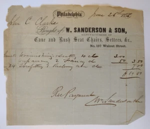 1856 W. Sanderson & Co. Sedie, Settees ricevuta fattura fattura Philadelphia, PA - Foto 1 di 1