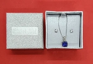 925 Silver Sapphire Square Cut Pendant Necklace and CZ Earring Set - Picture 1 of 10