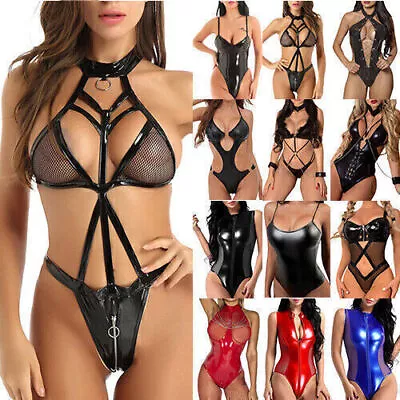 Womens Sexy PU Leather Bodysuit Wet Look Lingerie Babydoll Nightwear Sleepwear - Image 1 of 4