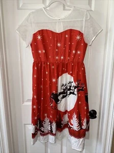 Women's Large Christmas Dress Novelty Santa Sleigh Red White Lace Top NEW #2 - Picture 1 of 8