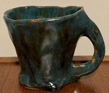 Primitive Art Pottery EarthenWare Mug Blue Brown Artist Signed