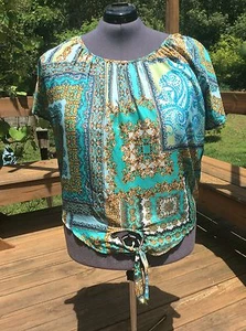 Plus Size Blouse Short Sleeves Tie Front Baroque Print Blue Green Gold 2X - Picture 1 of 5