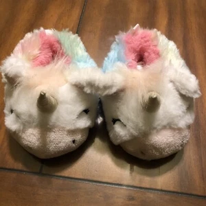 baby girls unicorn slippers faux fur white pink rainbow silver horn size 5/6 - Picture 1 of 10