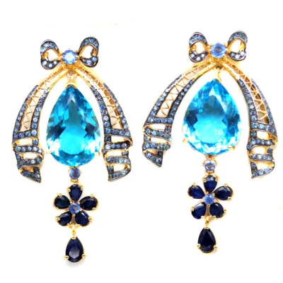 Gemstone 15 x 21 MM. Swiss Blue Topaz & Sapphire Earrings 925 Sterling Silver - Image 1 of 4