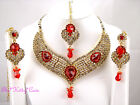 Indian Dance Bollywood Mughal Bib Gold Scarlet Red Crystal Bridal Jewellery Set