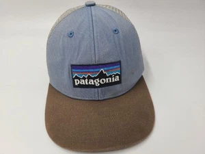 Youth Patagonia P-6 Logo Distressed Mesh Trucker Snapback Hat Cap Boy Blue Brown - Picture 1 of 18