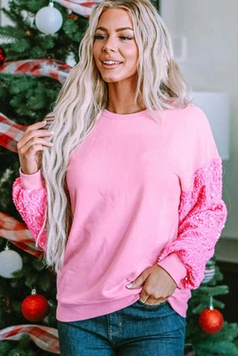 Pink Sequin Patchwork Long Sleeve Pullover Top - Image 1 of 4