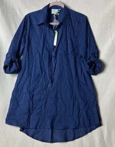 True Destinations Resort Wear M Blue Long Sleeve Button Tunic Top Beach Dress - Picture 1 of 4