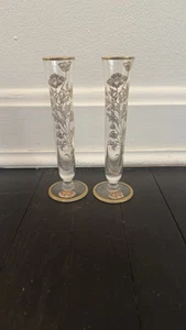 2 Silber City Glas Co Blumen Knospe Vasen 22 Karat Gold auf Kristall 6,75" Vintage - Bild 1 von 7