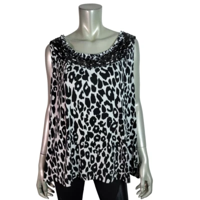 Laura Ashley Top Plus Size 3X Animal Print Sequins Stretch Scoop Neck Black - Image 1 of 4