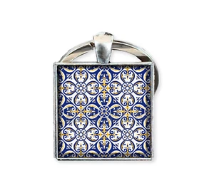 Geometric Portuguese Tiles Pattern - Handmade Square KEY RING Keychain 25mm - Picture 1 of 5