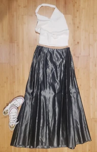 Vintage August Hale Metallic Silver A-Line Maxi Skirt Effortless Chic Size 8 EUC - Picture 1 of 10