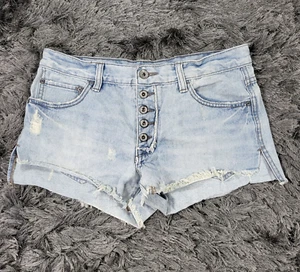 Free People pantaloncino jeans donna 32 blu denim invecchiato orlo sfilacciato bottoni-mosca - Foto 1 di 17