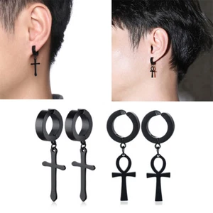 Vintage Men Punk Cross & Anhk Cross Huggie Dangle Clip ON Earring Ear Studs Gift - Picture 1 of 14