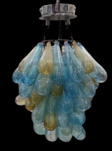 Lampadario Murano Vintage in Vetro Soffiato – Gocce Blu e Ambra – 1 Luce Central - Bild 1 von 8