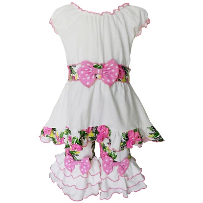 ANN LOREN GIRLS BOUTIQUE 11-12 TUNIC & CAPRI SET CREAM PINK FLORAL RUFFLES BOW - Image 1 of 4