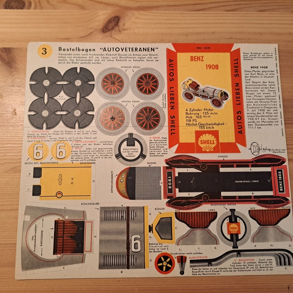 Werbe-Giveaway Tankstellen SHELL BASTELBOGEN "AUTOVETERANEN" Nr. 3 um 1957-59 Z1 - Bild 1 von 1