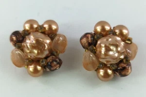 Vintage: Stone Cluster Earrings Bronze / Brown, Hong Kong Marked, Clip on - Picture 1 of 8