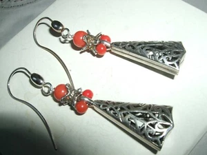 ORECCHINI PENDENTI EARRINGS CORALLO ROSSO ARGENTO 925 SILVER STERLING CM 7 - Foto 1 di 11