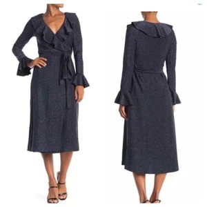 Free People Women's Dress One More Time Shimmer Midi Wrap Dress Navy Blue Small - Picture 1 of 12